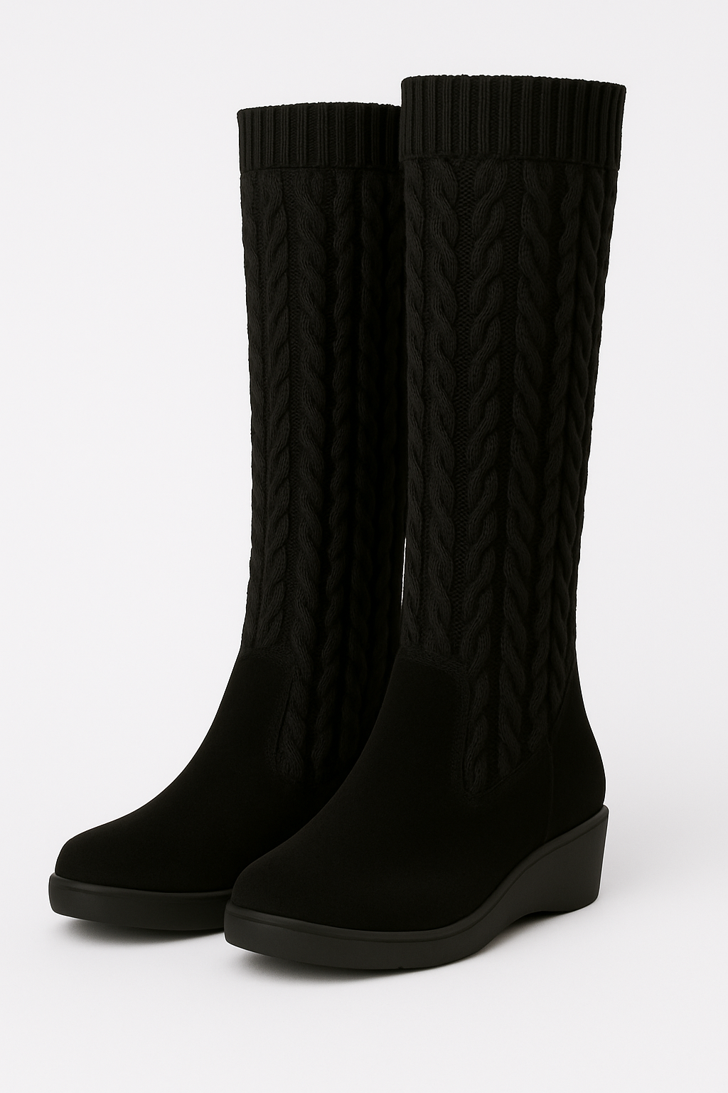 Kniehohe, bequeme Strickstiefel mit Keilabsatz (Elvira)