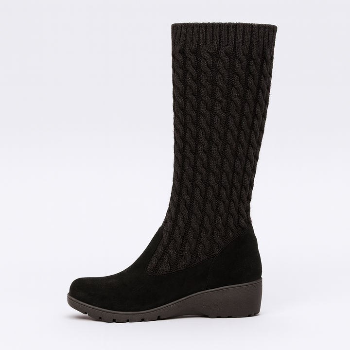 Kniehohe, bequeme Strickstiefel mit Keilabsatz (Elvira)