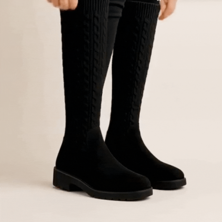 Kniehohe, bequeme Strickstiefel mit Keilabsatz (Elvira)