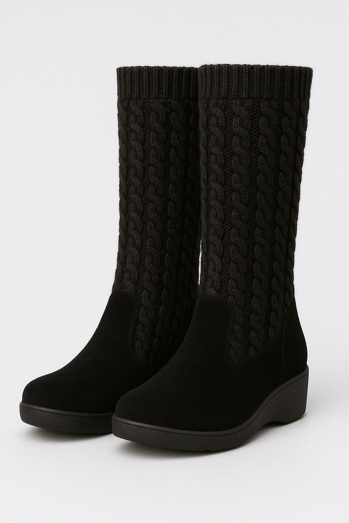 Kniehohe, bequeme Strickstiefel mit Keilabsatz (Elvira)